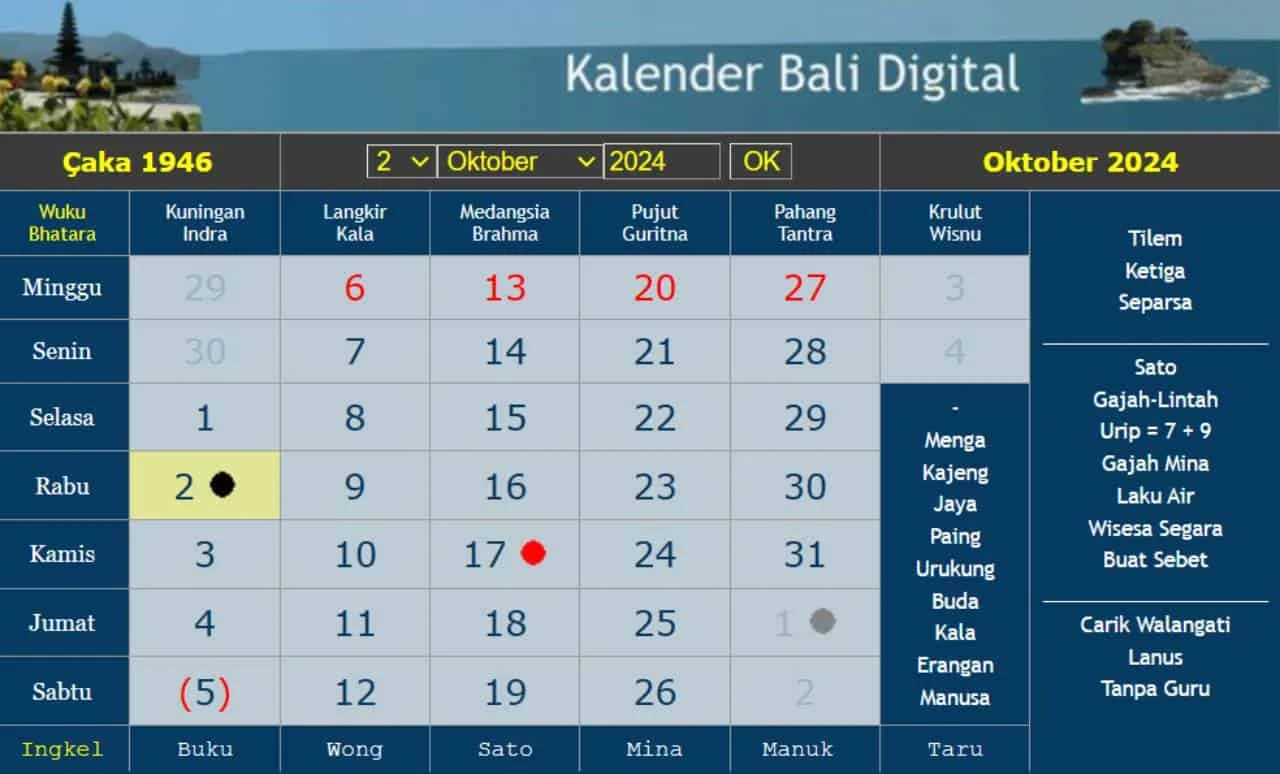 le calendrier balinais octobre