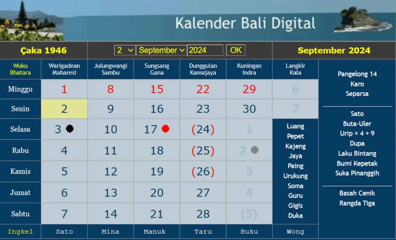 le calendrier balinais septembre