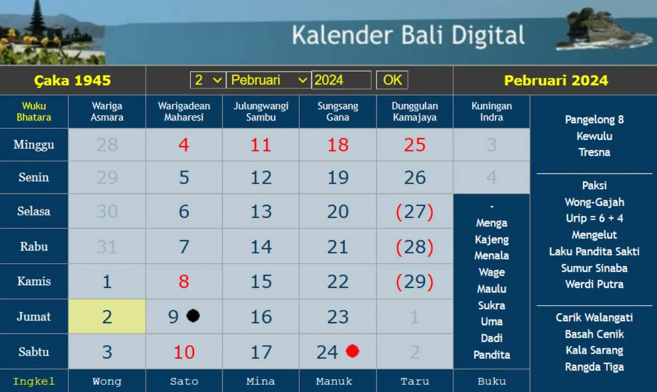 calendrier balinais 2024 février