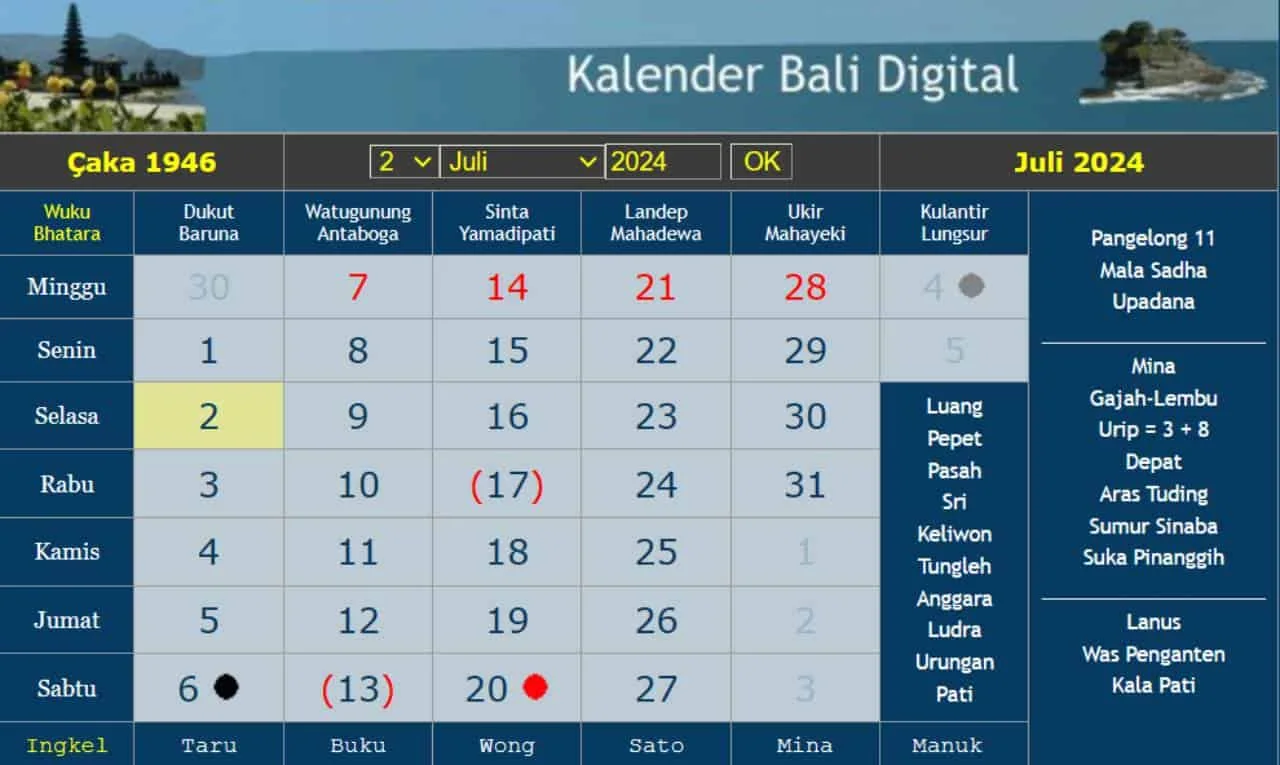 le calendrier balinais juillet