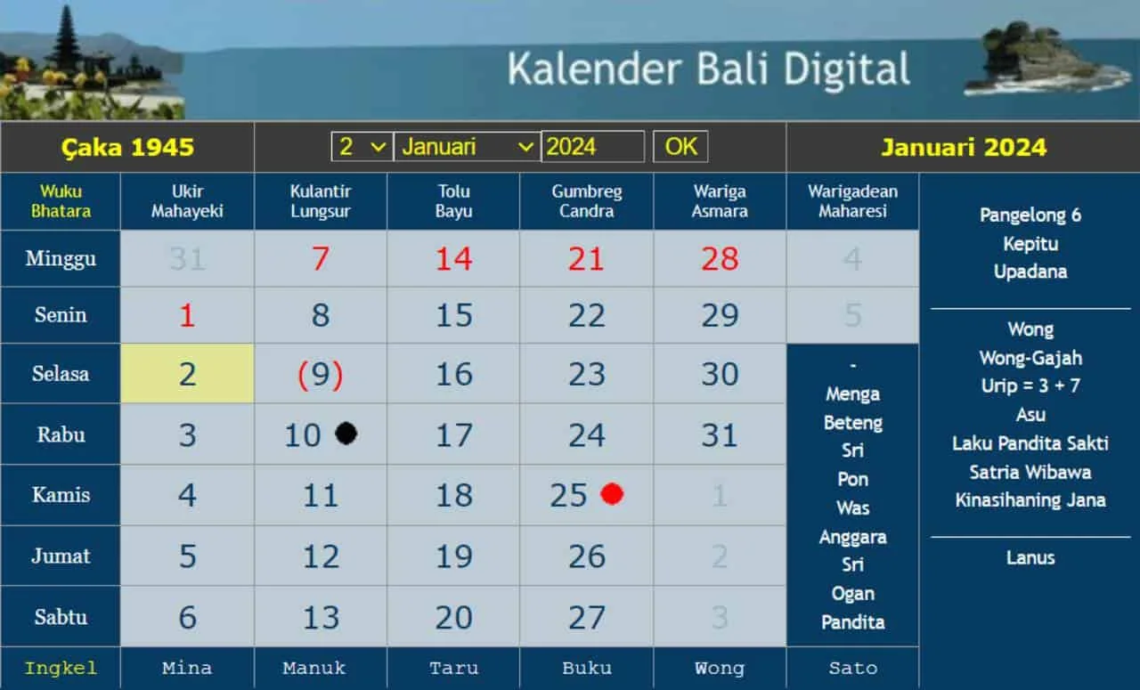 calendrier balinais 2024 janvier