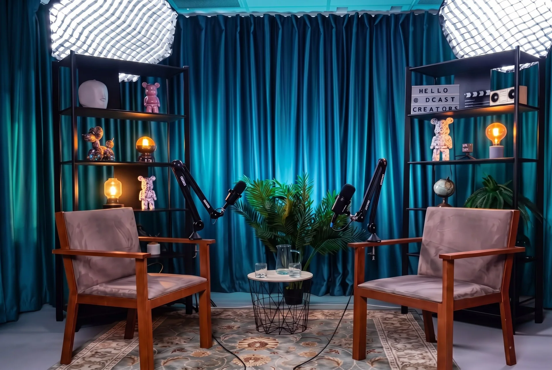 Deux fauteuils dans le studio podcast professionnel de Villo
