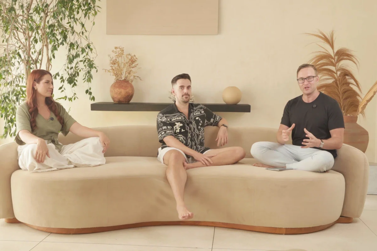 Bright sofa set with three guests recording at Villo Studio