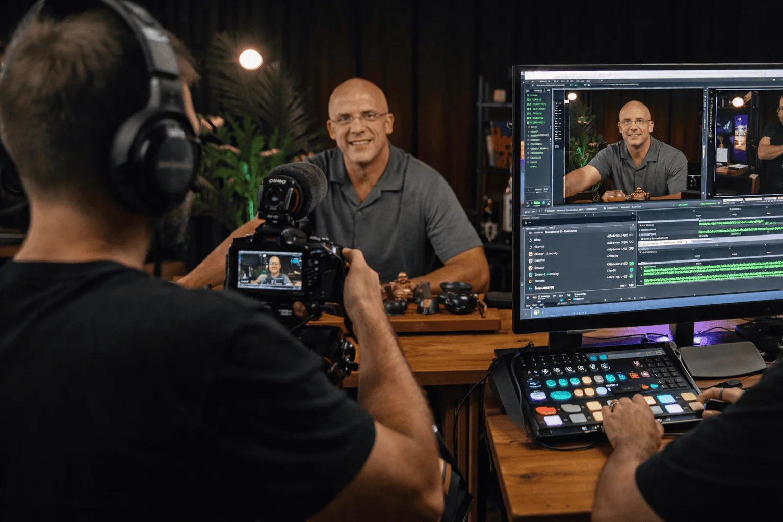 Professional video interview setup at Villo Studio, showcasing high-quality production and editing in progress.