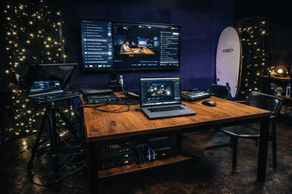 Video workstation at Villo Studio with editing software on screen
