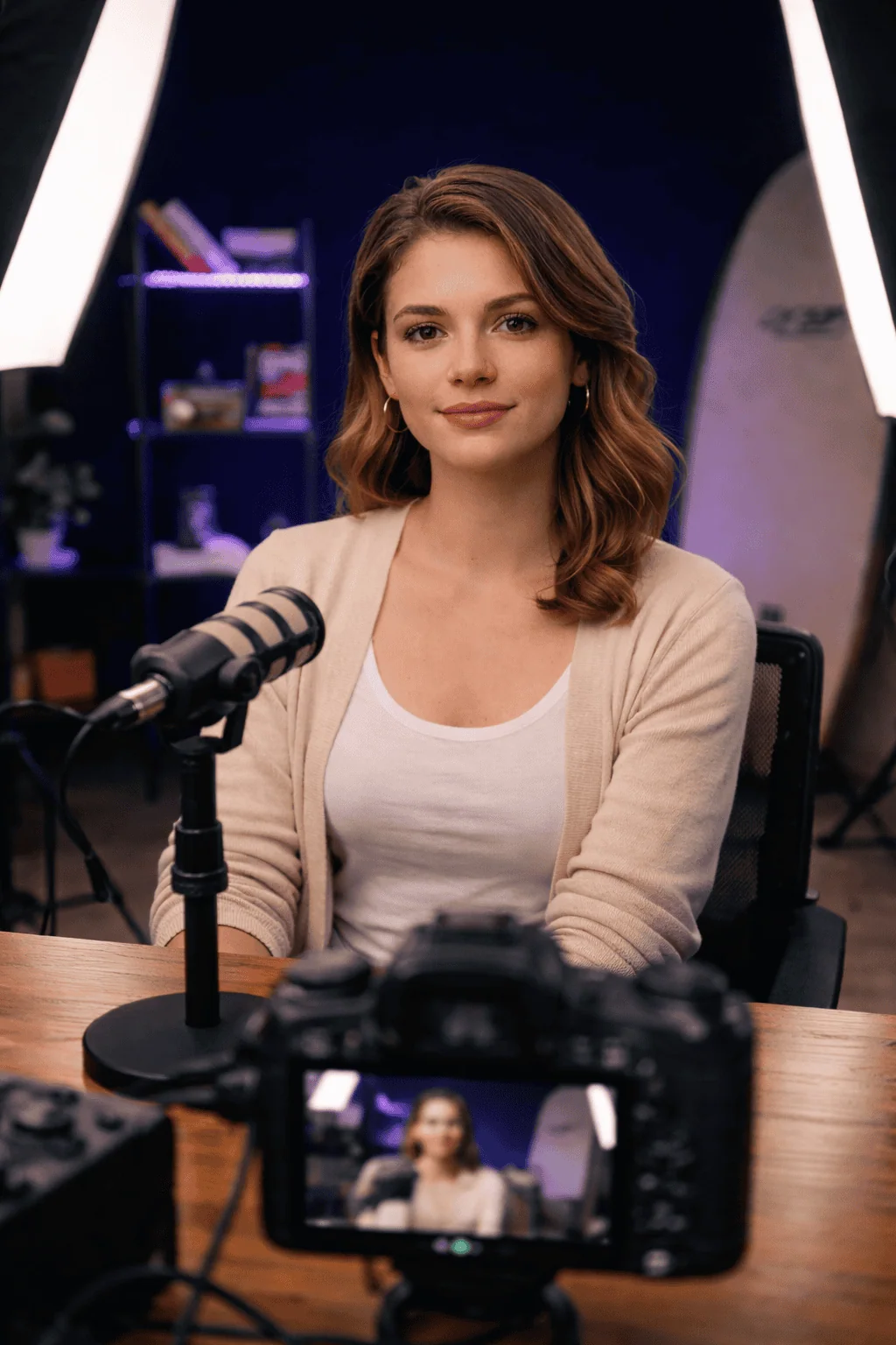 A woman AI avatar shoot in professional podcast studio