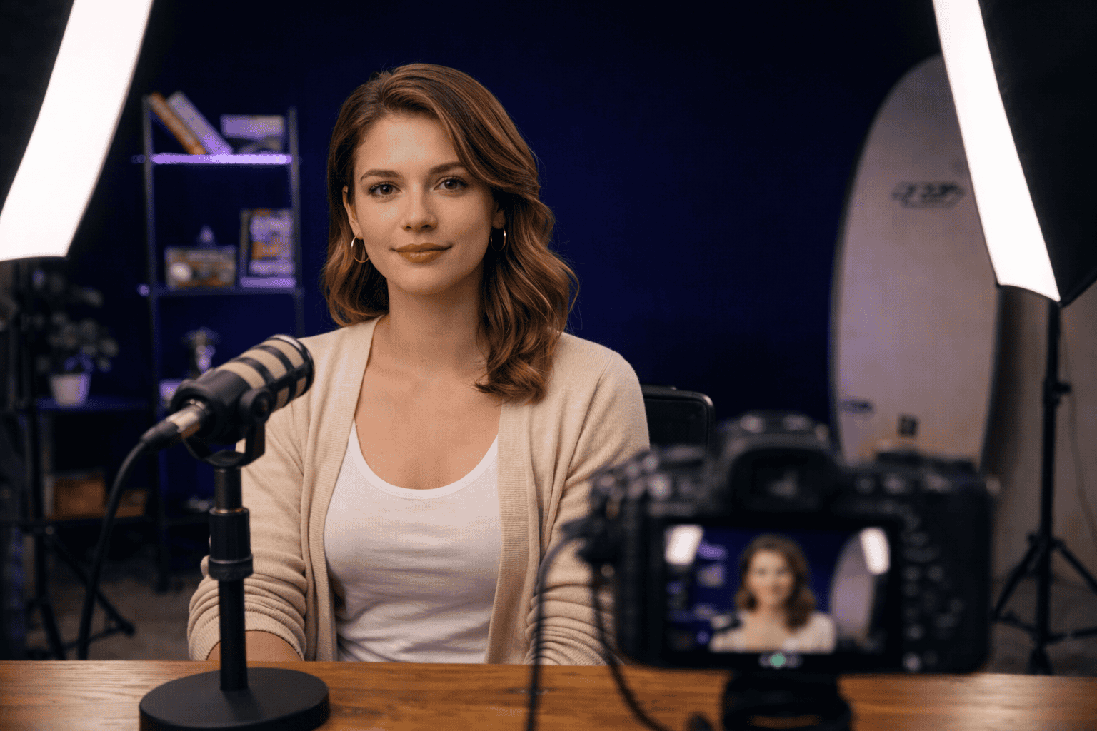 A woman AI avatar shoot in professional podcast studio