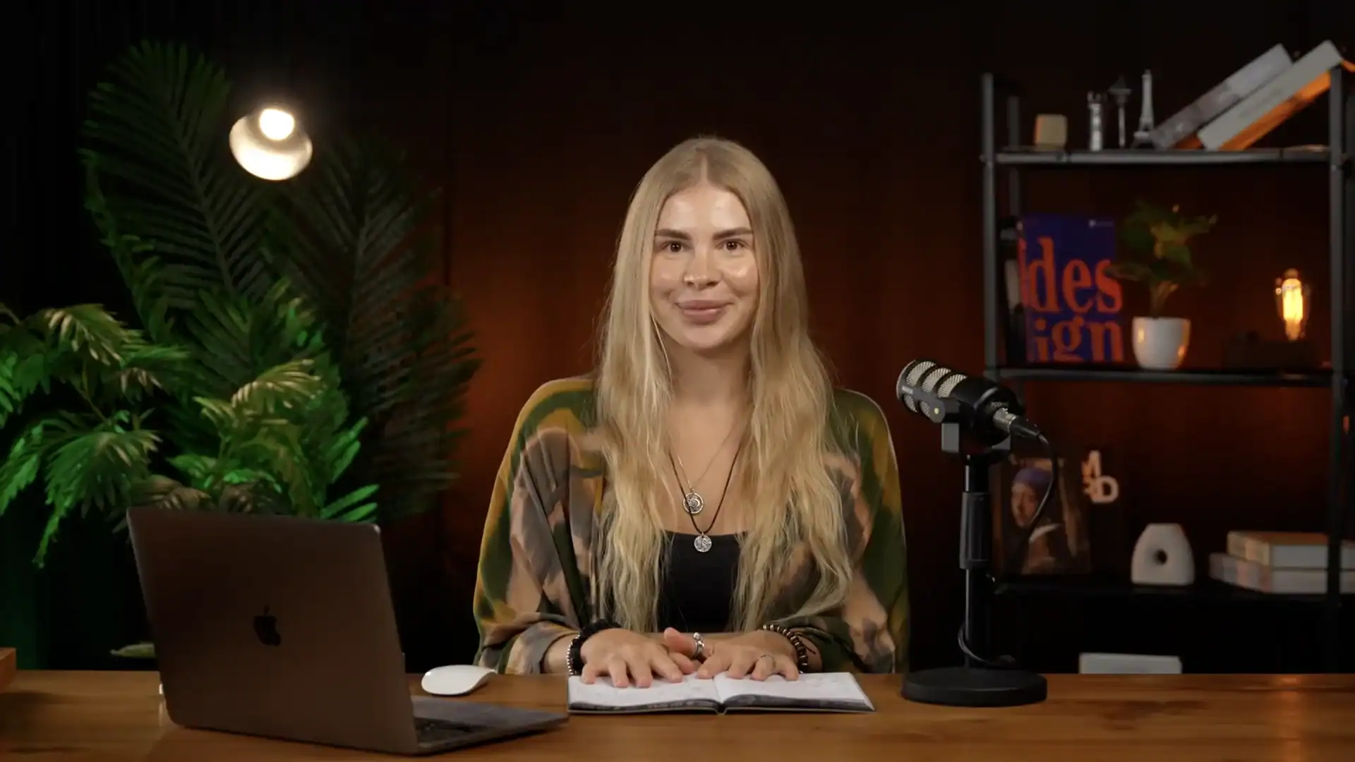 Bright studio setup with a female host for professional podcasting and video content creation.