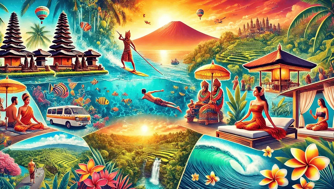 Vibrant tropical paradise scene with yoga, waterfalls, temples, and cultural activities in Bali.