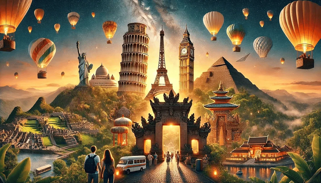 Vibrant hot air balloons floating over iconic landmarks from around the world in a fantasy setting.