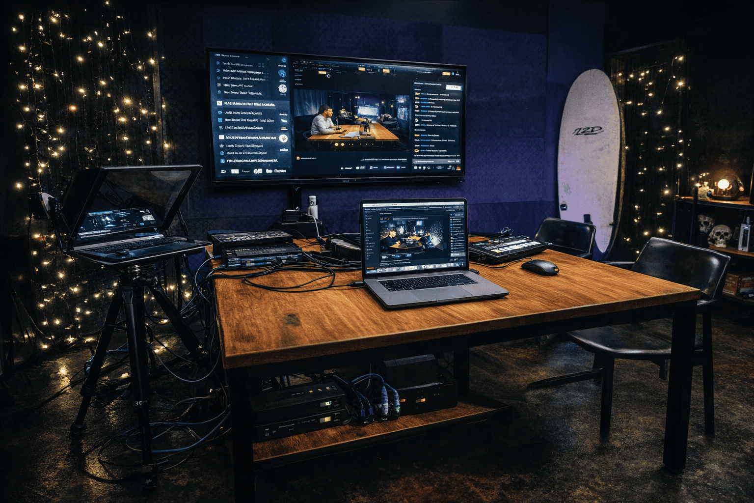 Creative podcast recording studio setup with video editing equipment and lighting, ideal for content creators and producers.