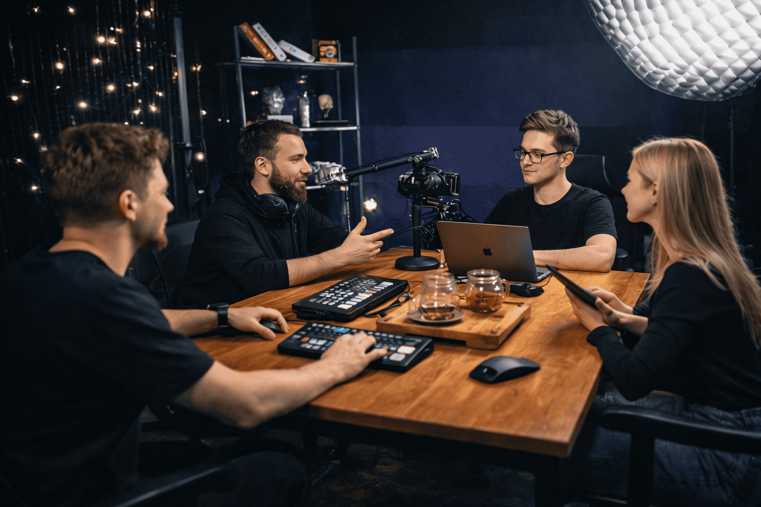 Professional podcast recording studio with modern equipment and creative team.