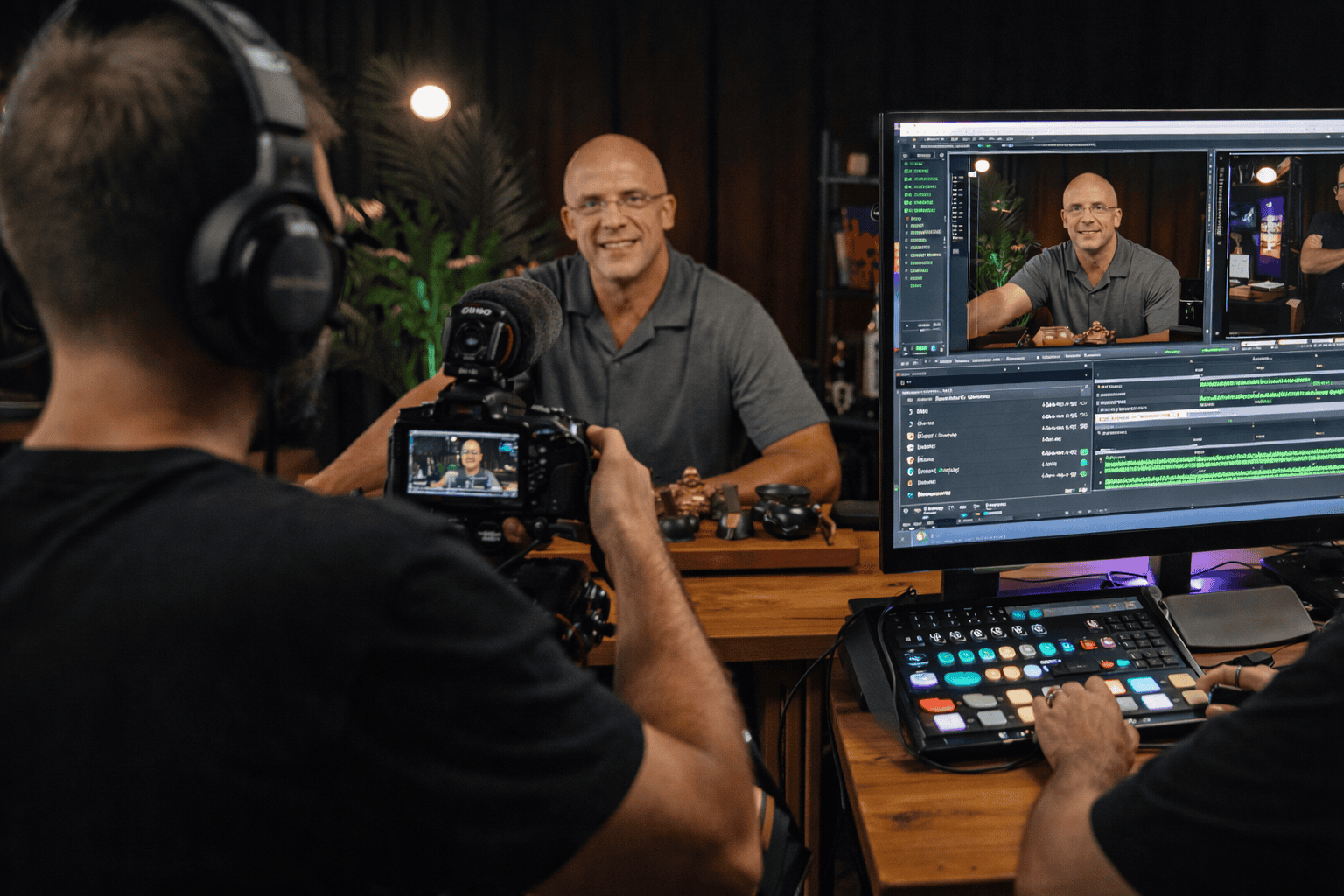 Professional video interview setup at Villo Studio, showcasing high-quality production and editing in progress.