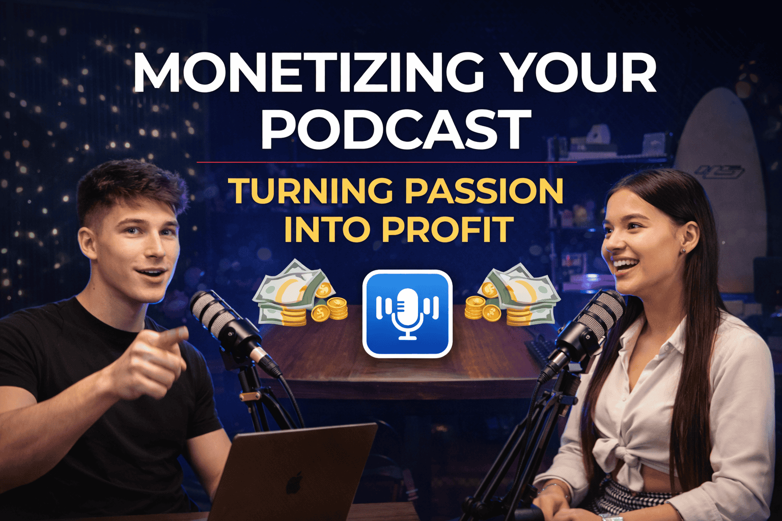 Monetizing your podcast: podcasters recording a professional podcast in a studio and turning podcast content into profit