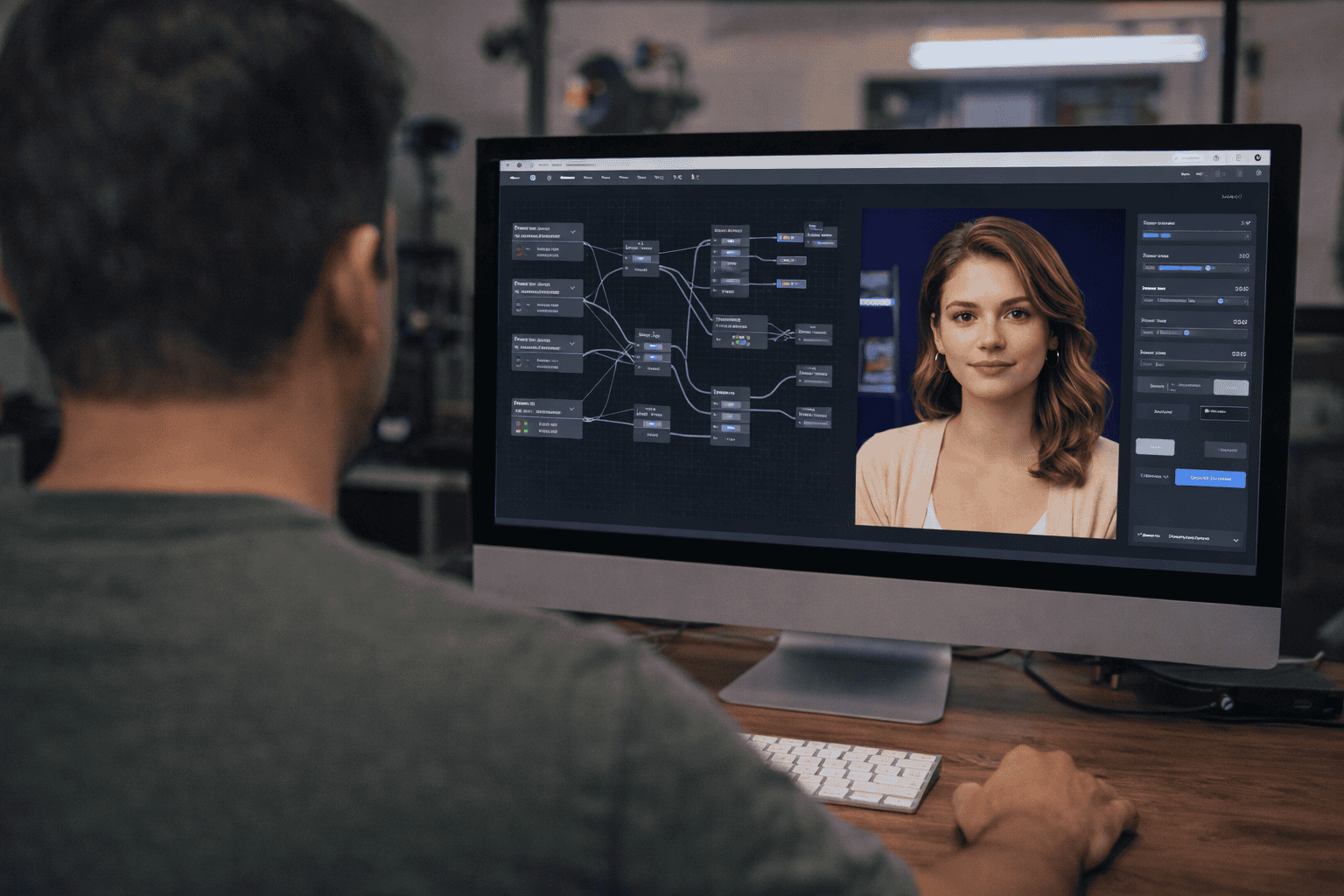 a man editing AI avatar on a computer