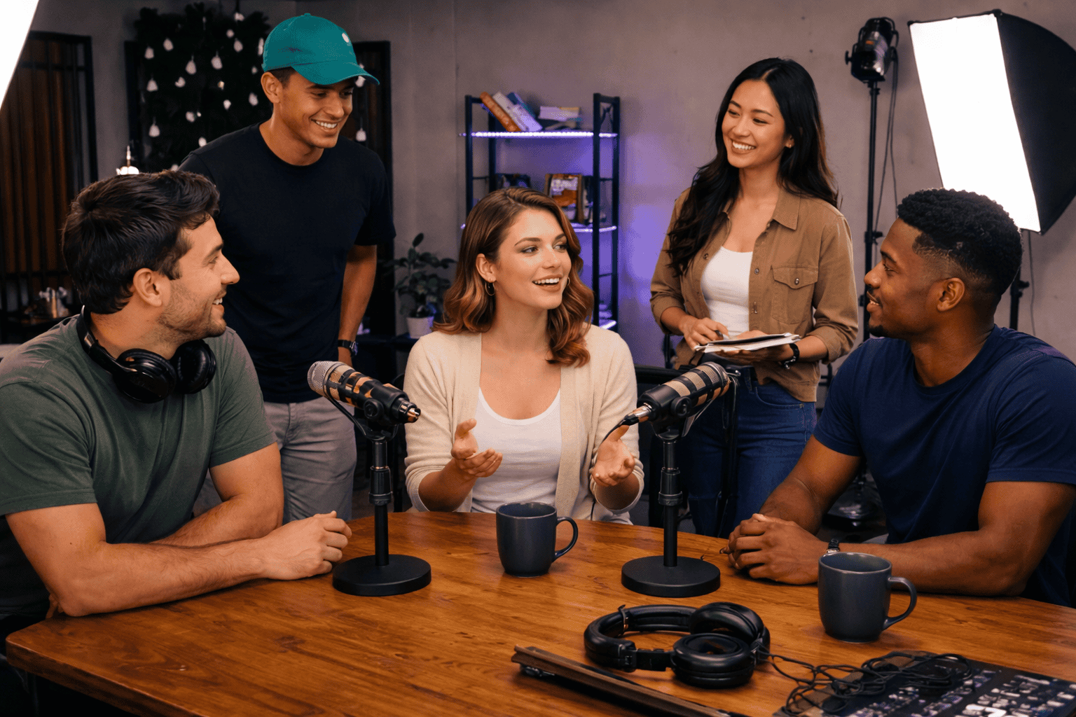 a group of people doing a small discussion in a podcast studio, a few seated and a few standing.