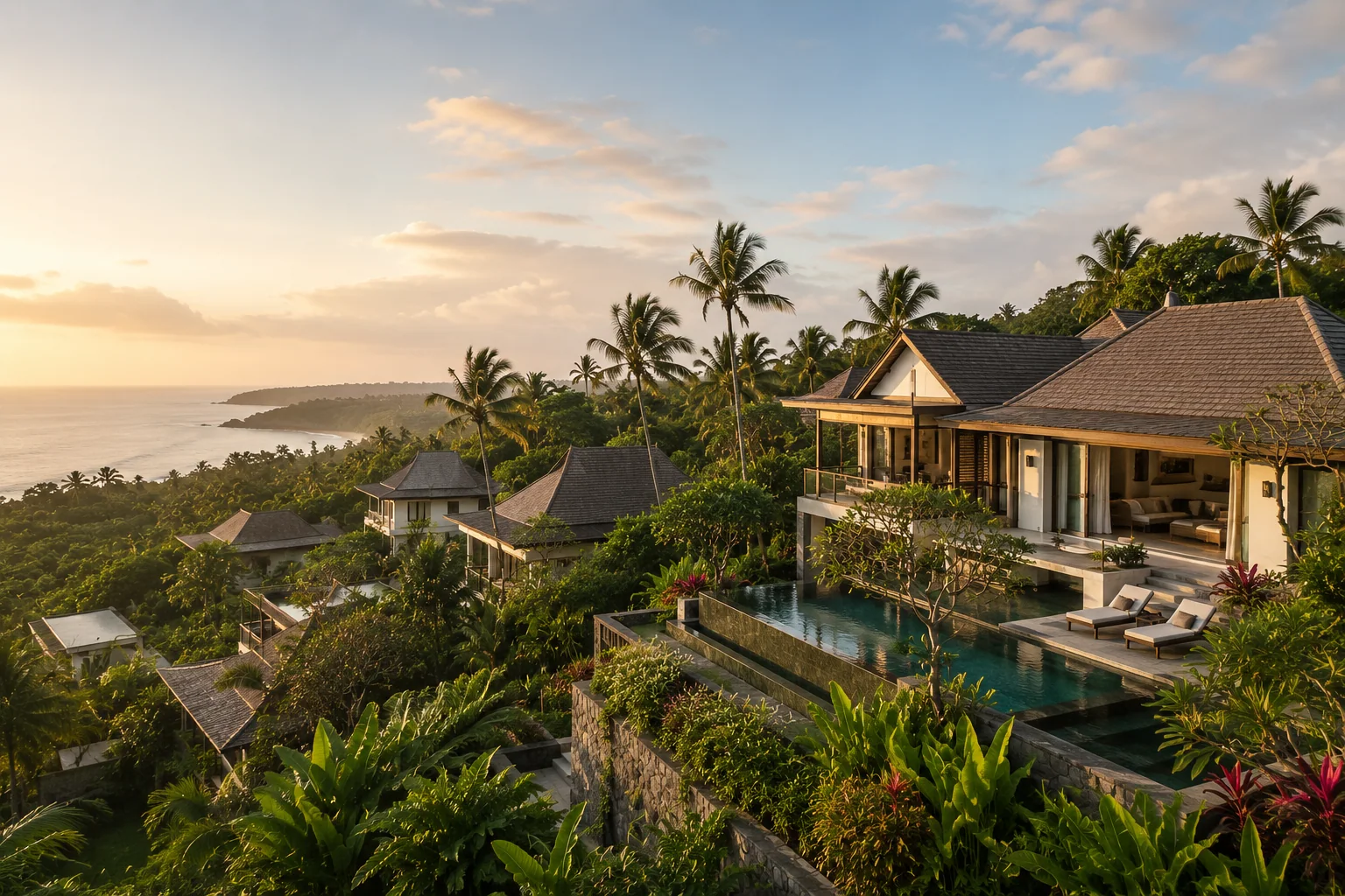 Tropical hillside resort at sunset