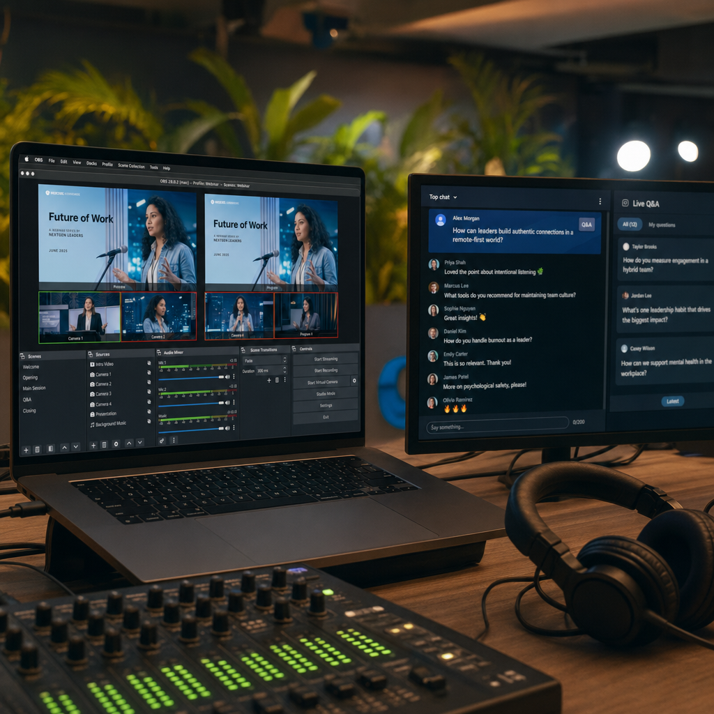 Webinar production control desk with live streaming software at Villo Studio Bali