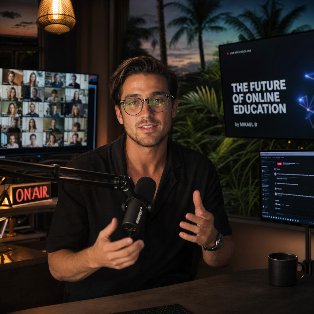 Live webinar host broadcasting from Villo Studio in Bali during evening hours